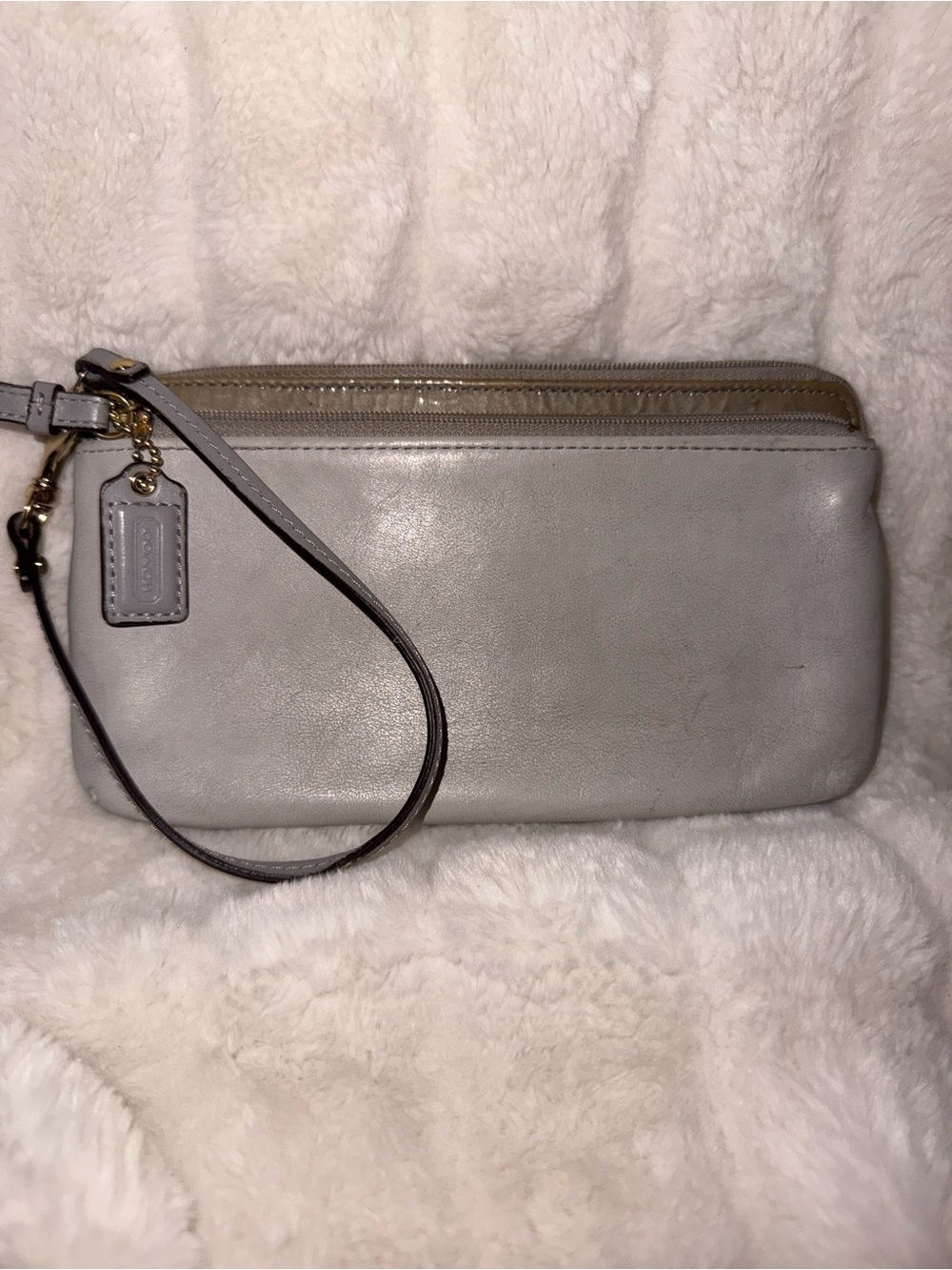 Coach Light Gray Leather Wristlet Clutch with Gold Hardware